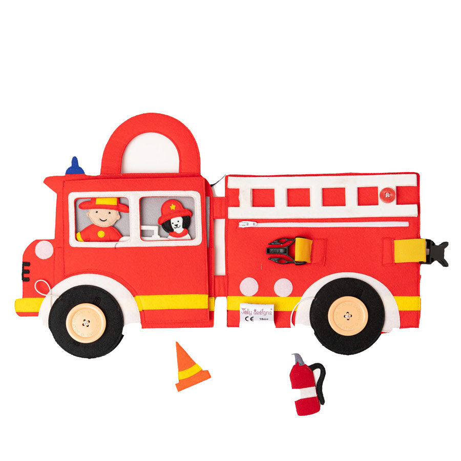 Buntes Quiet Book in Form eines Feuerwehrautos mit vielen Details zum Entdecken für Kleinkinder. 