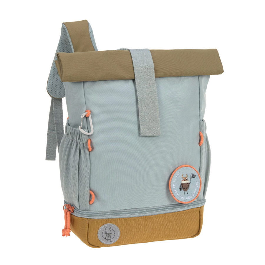 Rolltop Kinderrucksack in der Farbe hellblau mit vielen Funktionen