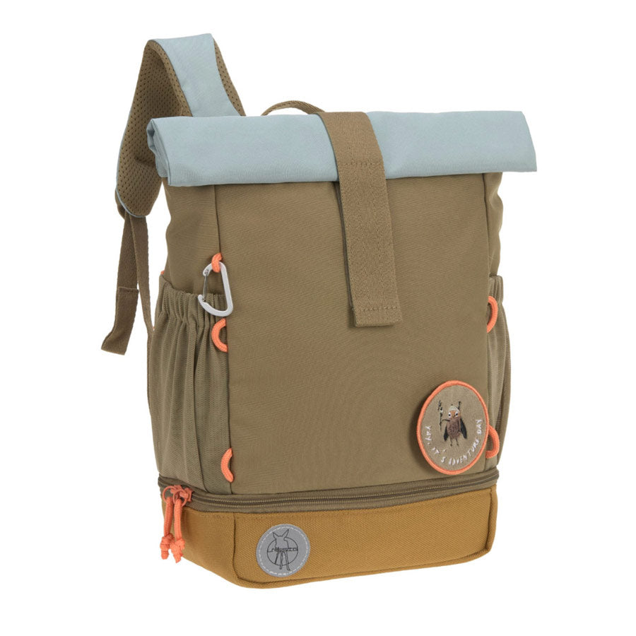 Rolltop Kinderrucksack in der Farbe oliv mit vielen Funktionen