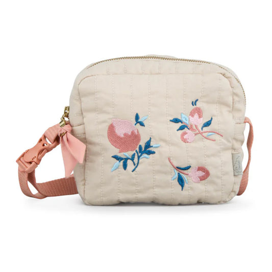 Baumwolltasche zum Umhängen mit einem rosa Band. Die Tasche ist beige und hat süße Blumen gestickt.