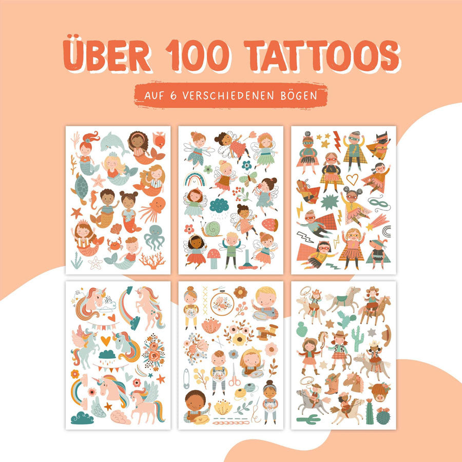 Die 6 verschiedenen Bögen der Kindertattoos enthalten über 100 unterschiedliche Tattoos für Kinder. 