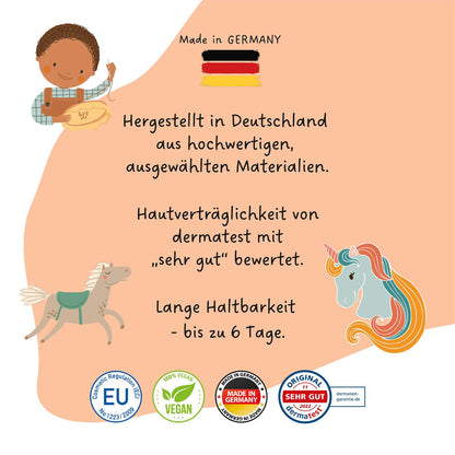 Die Kindertattoos sind in Deutschland hergestellt, dermatologisch getestet und haben eine lange Haltbarkeit von bis zu 6 Tagen. 