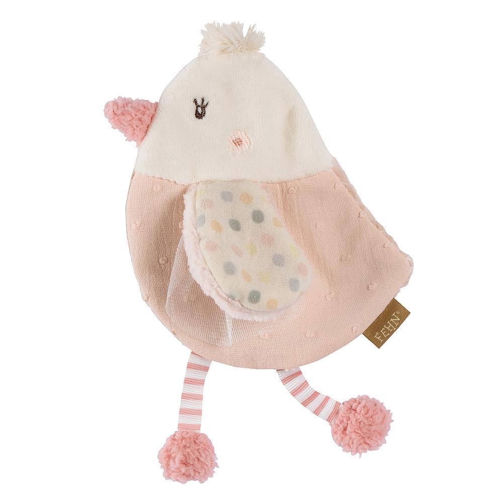 Der Knister-Vogel kommt in einem zartem rosa und beige und hat viele kleine Details zum Entdecken für Babys. 