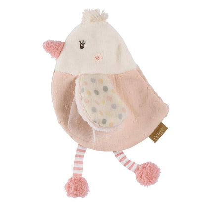 Der Knister-Vogel kommt in einem zartem rosa und beige und hat viele kleine Details zum Entdecken für Babys. 