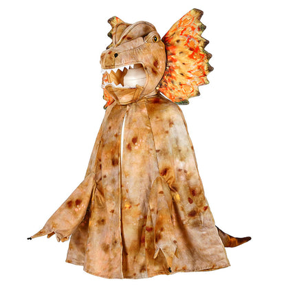 Dino Kostüm für Kinder mit tollen Details wie dem Dino-Kopf und Schwanz. Die Verkleidung hat die Farben beige, braun, gelb und orange.