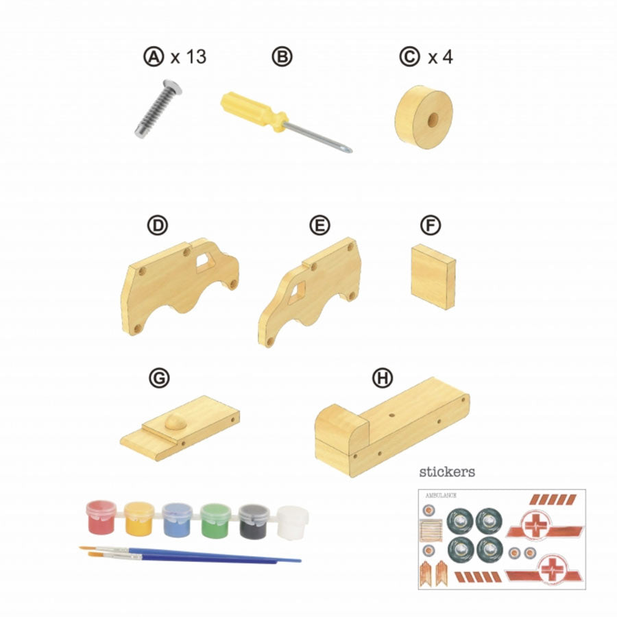 Das DIY-Set besteht aus 9 Bauteilen, 13 Schrauben, einem Schraubenzieher, Farben und Pinsel und passenden Stickern. 