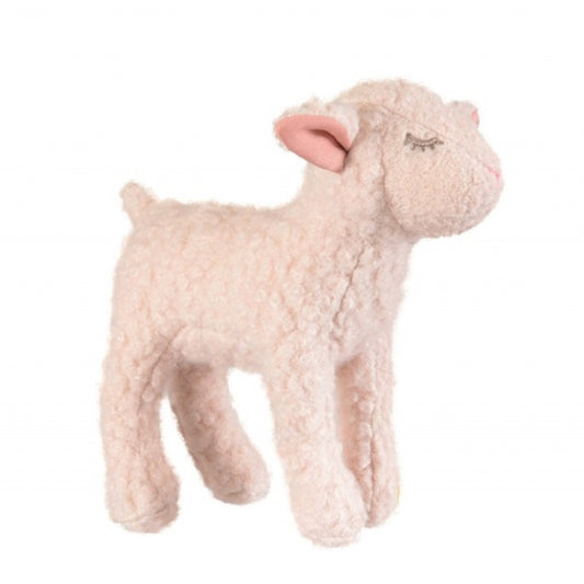 Weißes Lamm mit rosa Ohren und Nase. Die Augen vom Lamm sind geschlossen, so sieht es verträumt und süß aus. 