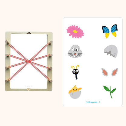 Hier muss das Kind die Blüte zum Blumenstil, den Hasenkopf zu den Hasenohren, den Körper zu den Schmetterlingsflügeln und die Eierschale zur Eierschale zuordnen.