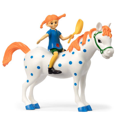 Pippi Langstrumpf sitzt auf dem Pferd Kleiner Onkel und hält eine Bratpfanne in der Hand - Spielfiguren