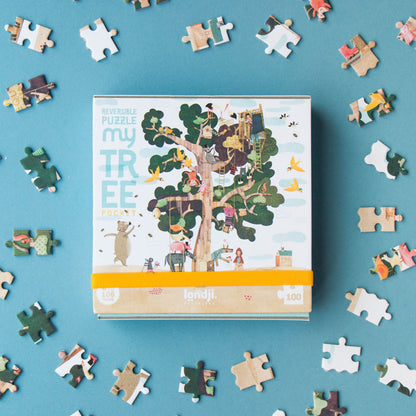 Das Puzzle kommt in einer hübschen Verpackung und zeigt den Baum mit seinen Besuchern.