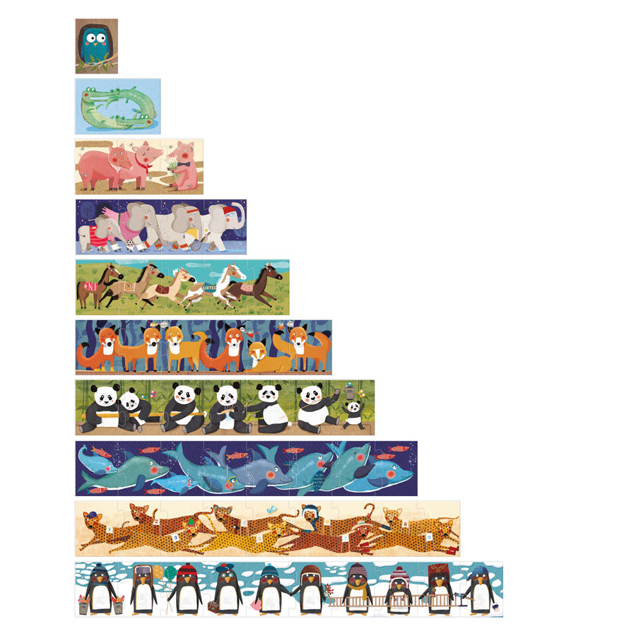 Tiere: Eule, Krokodile, Schweine, Elefanten, Pferde, Füchse, Pandas, Delfine, Leoparden und Pinguine