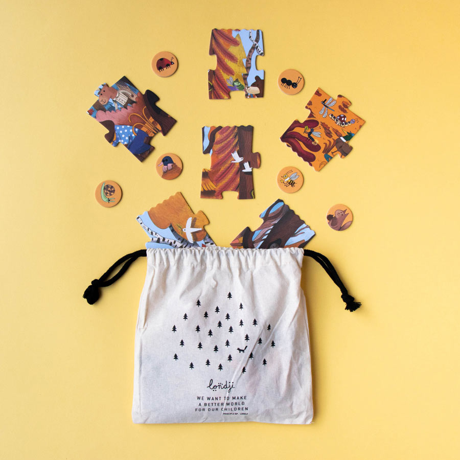 Die Puzzleteile und die Chips können in dem beiliegenden Säckchen sicher aufbewahrt werden. 