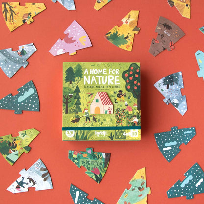 Das Puzzle A Home for Nature von der Marke Lindji enthält 4x 10 Teile und kommt in einer hübschen Verpackung. 