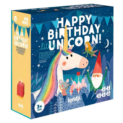 Das Puzzle Happy Birthday Unicorn von Londji in der hübschen dunkelblauen und gelben Verpackung. 