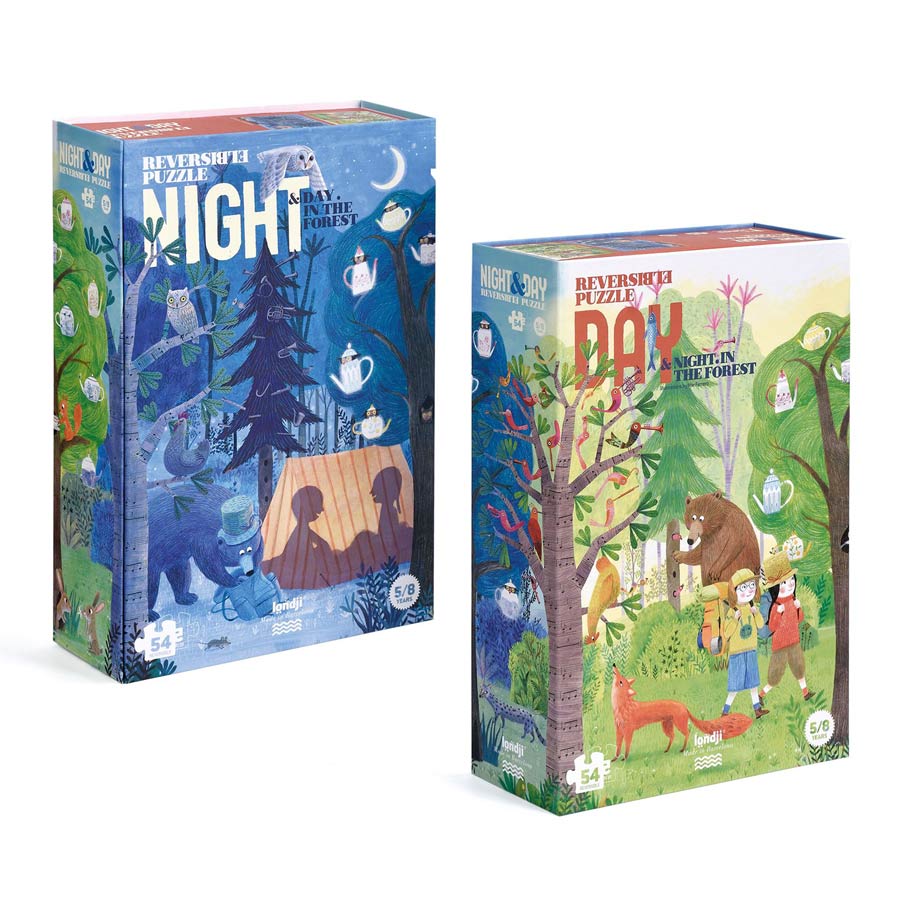 Das Wendepuzzle Day & Night in the Forest von Londji zeigt eine Waldszene bei Tag und eine bei Nacht.