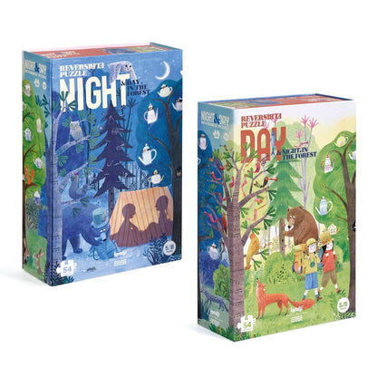 Das Wendepuzzle Day & Night in the Forest von Londji zeigt eine Waldszene bei Tag und eine bei Nacht.