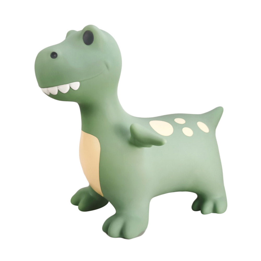 Springtier Dino in grün mit gelben Bauch und gelben Punkten auf dem Körper, zudem hat er kleine Flügel zum Festhalten