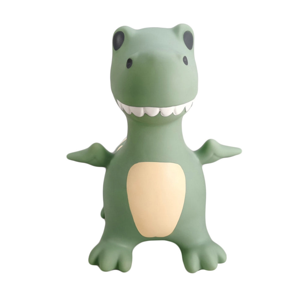 Springtier Dino in der Farbe grün mit gelben Akzenten und einem freundlichen Gesicht