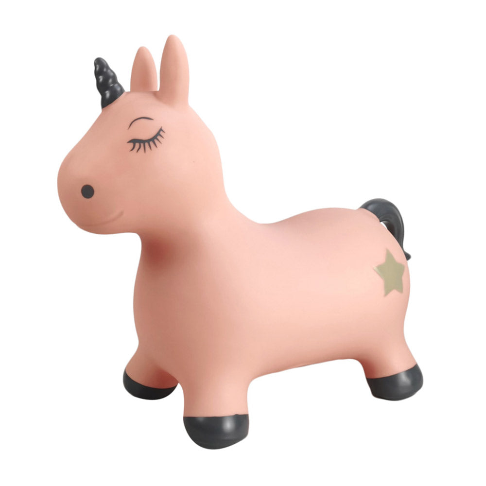 Das Springtier Einhorn kommt in einem zarten rosa mit Anthrazitfarbenen Horn, Schwanz und Hufen