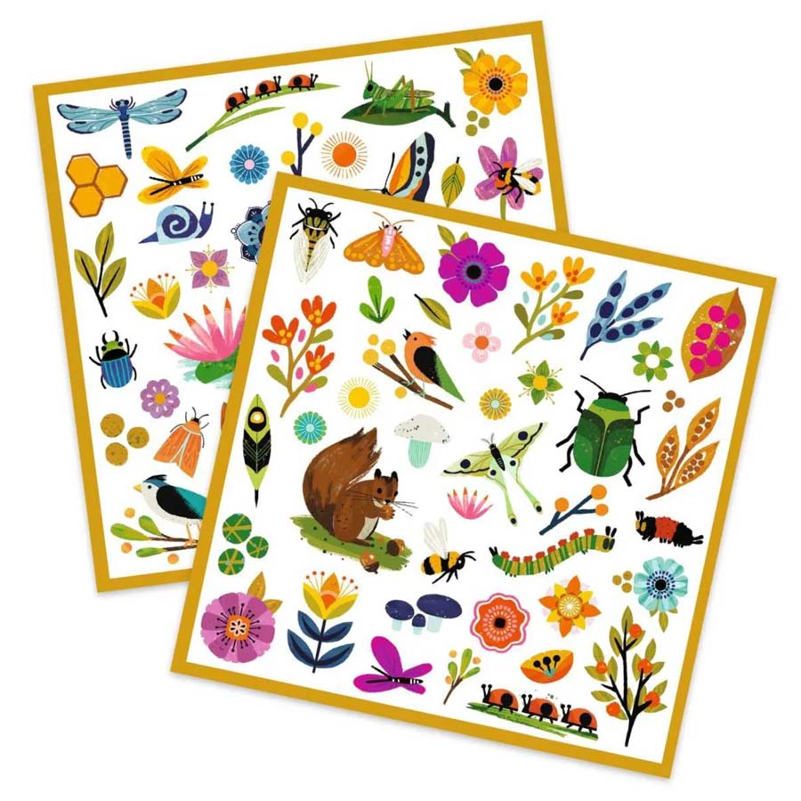 Das Sticker-Set Garten besteht aus 160 Stickern rund um das Thema Blumen, Pflanzen und Tiere im Garten wie Käfer.