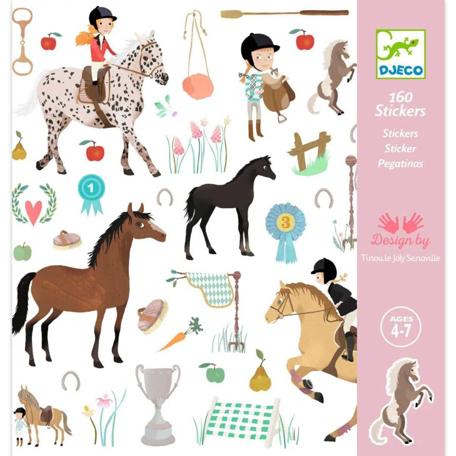 Sticker-Set Pferde mit Motiven wie Pferden, Reiterinnen, Abzeichen, und viele Reiterelemente