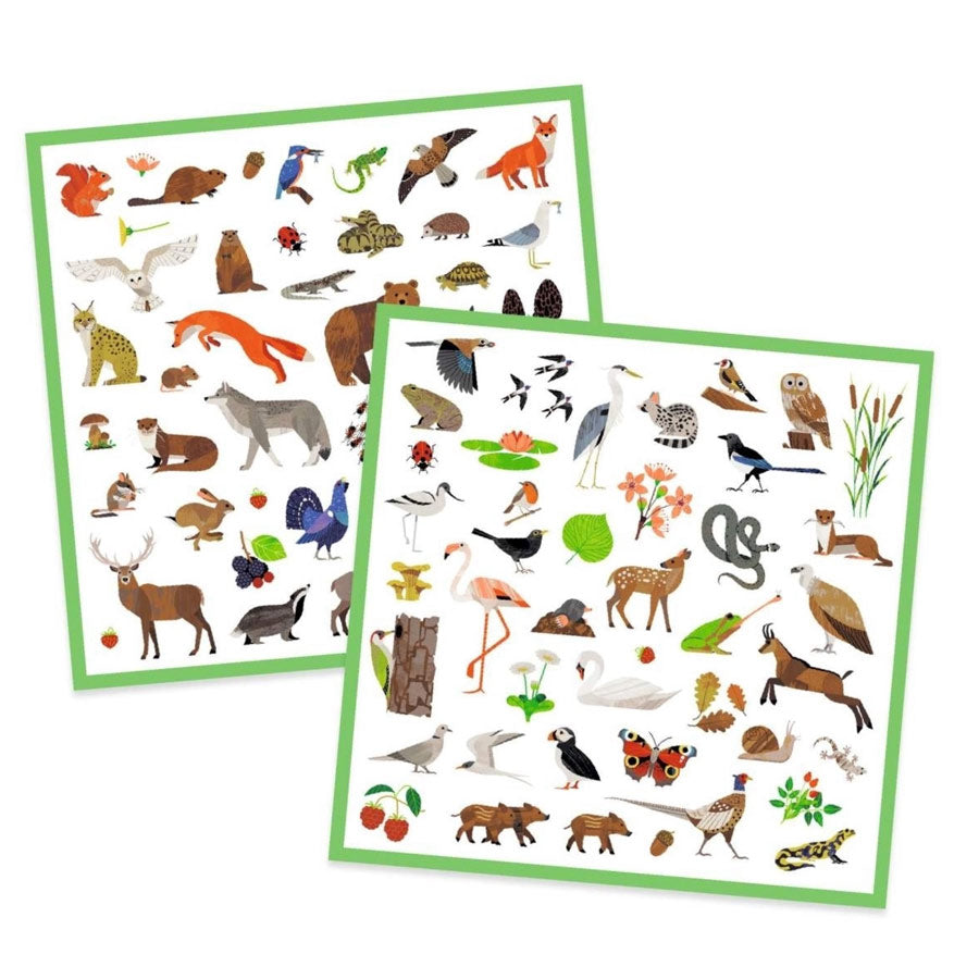 Sticker mit zwei Bögen, auf denen Tiere wie Reh, Frosch, Otter und Eichhörnchen gezeigt werden 