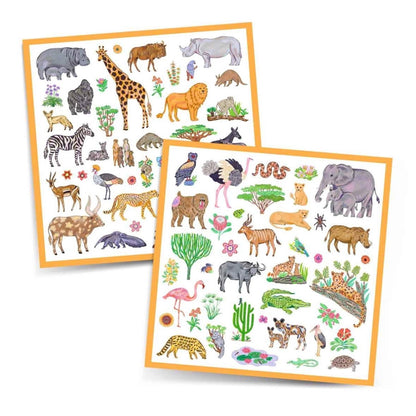 Das Sticker-Set mit vielen Tieren der Savanne, wie Elefant, Giraffe, Warzenschwein, Leopard und Zebra