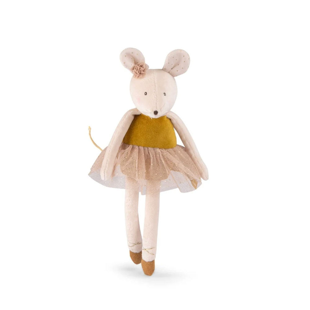 Süße Stoffmaus mit aufgesticktem Gesicht, Glitzerrock und süßen Details. Die Maus ist weiß/beige das Kleid in der Farbe Senf mit einem cremefarbenen Glitzer-Tutu-Rock.