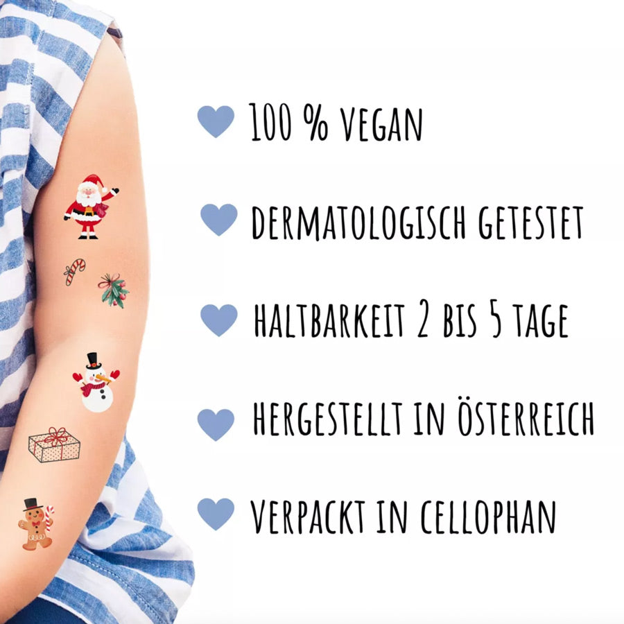 Die Tattoos sind vegan, dermatologisch getestet und halten 2-5 Tage