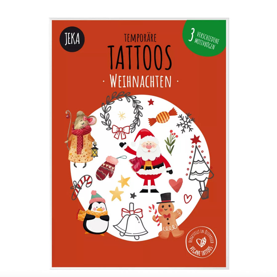 Kindertattoos mit weihnachtlichen Motiven wie Weihnachtsmann, Pinguin, Lebkuchenmann und mehr