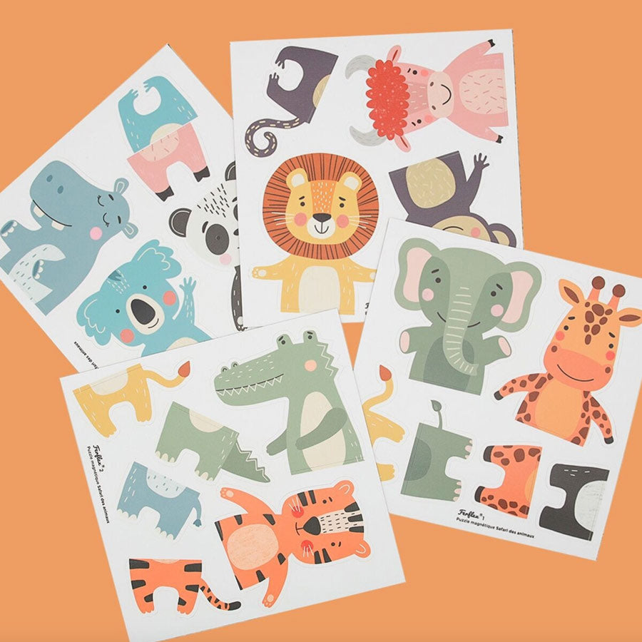 Das Magnetset Safari hat die Tierpuzzle Löwe, Ochse, Affe, Panda, Koala, Nilpferd, Giraffe, Elefant, Krokodil und Tiger. 