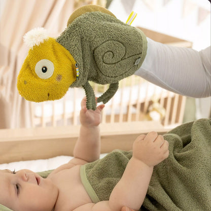 Waschlappen in Form eines Chamäleons in hübschen Grün-Tönen